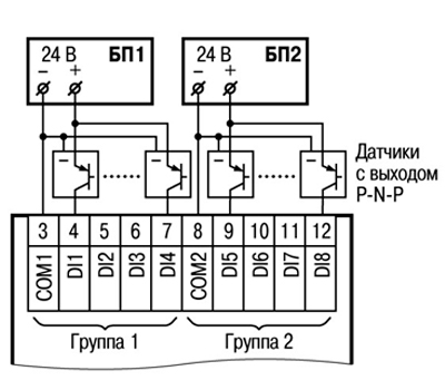 Схема подключения к ПР200 трехпроводных дискретных датчиков, имеющих выходной транзистор p-n-p-типа с открытым коллектором